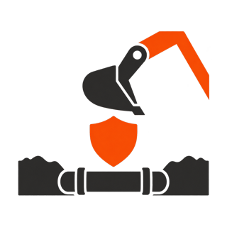 Excavator bucket protected from striking an underground pipe during non-destructive digging